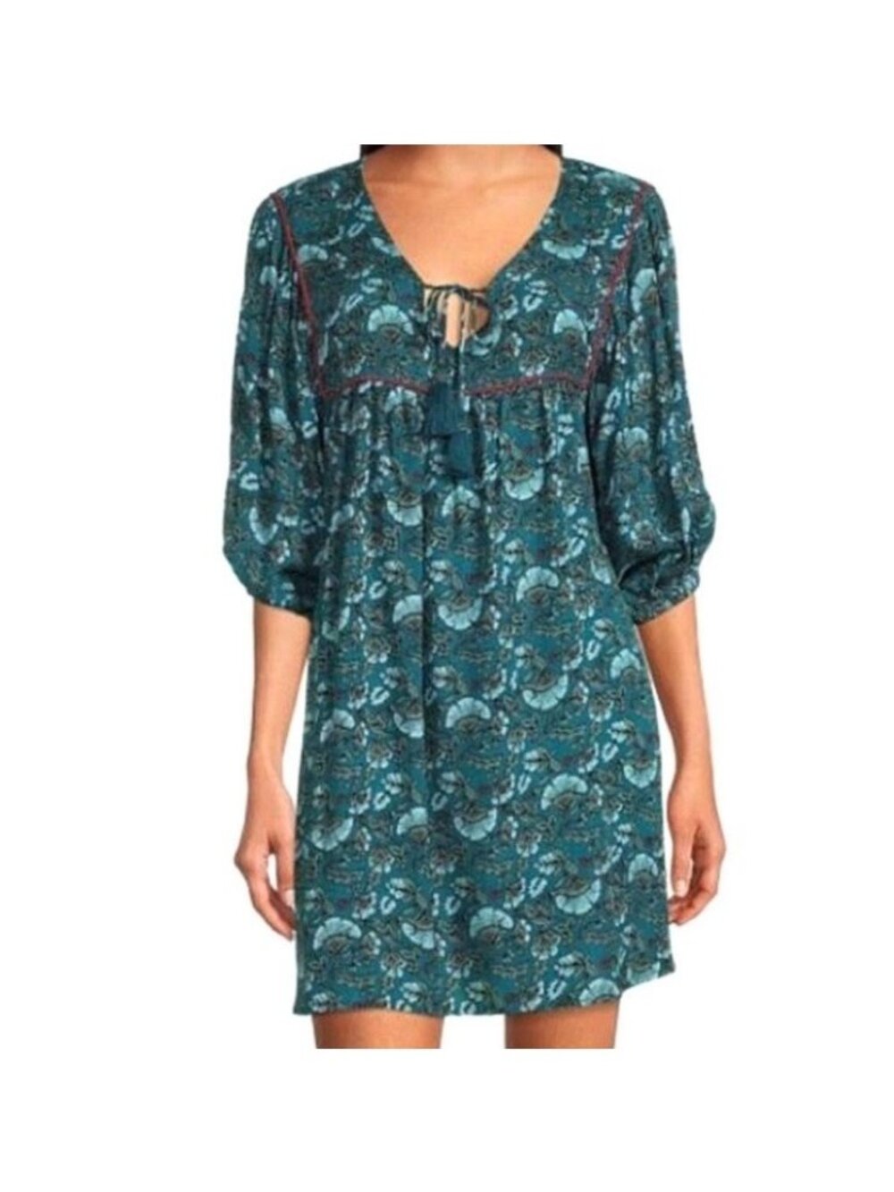 Band Of The Free Dress Size Small Teal Balloon 1/2 Sleeve Tassels NWT